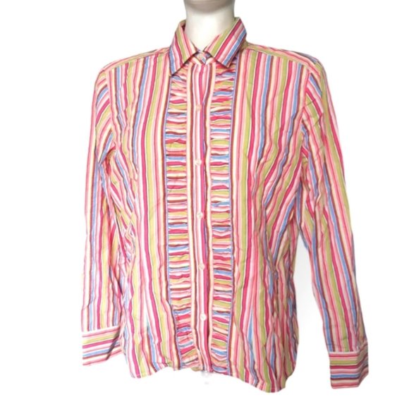Liz Claiborne bright striped ruffle front button up collared blouse large - Picture 2 of 12